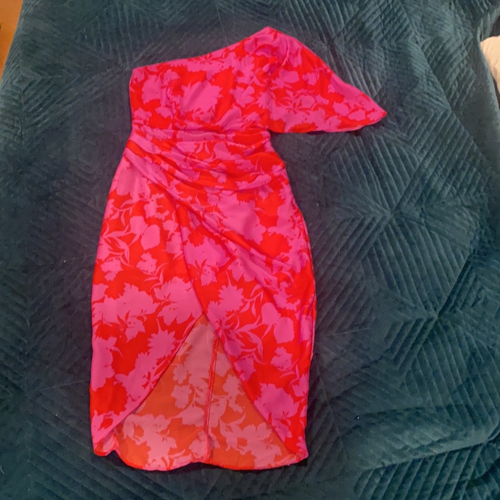 Hot pink & red one shoulder cocktail dress